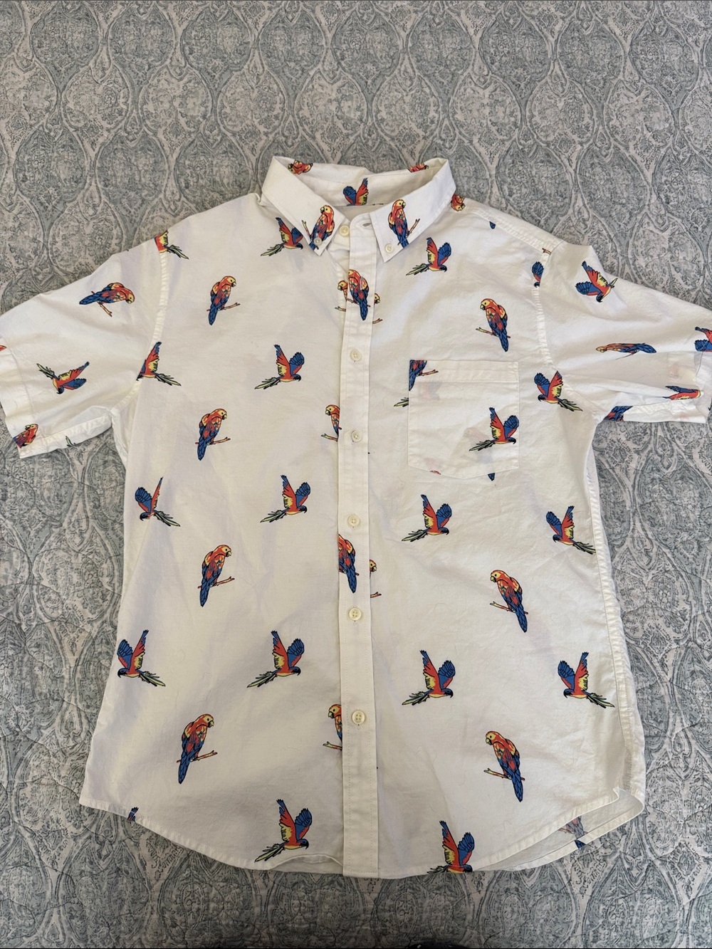 Men's White Short-Sleeve Button-Down Shirt with Parrot Print